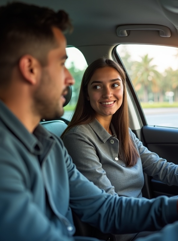 مدرب يعلم متدربة داخل السيارة
